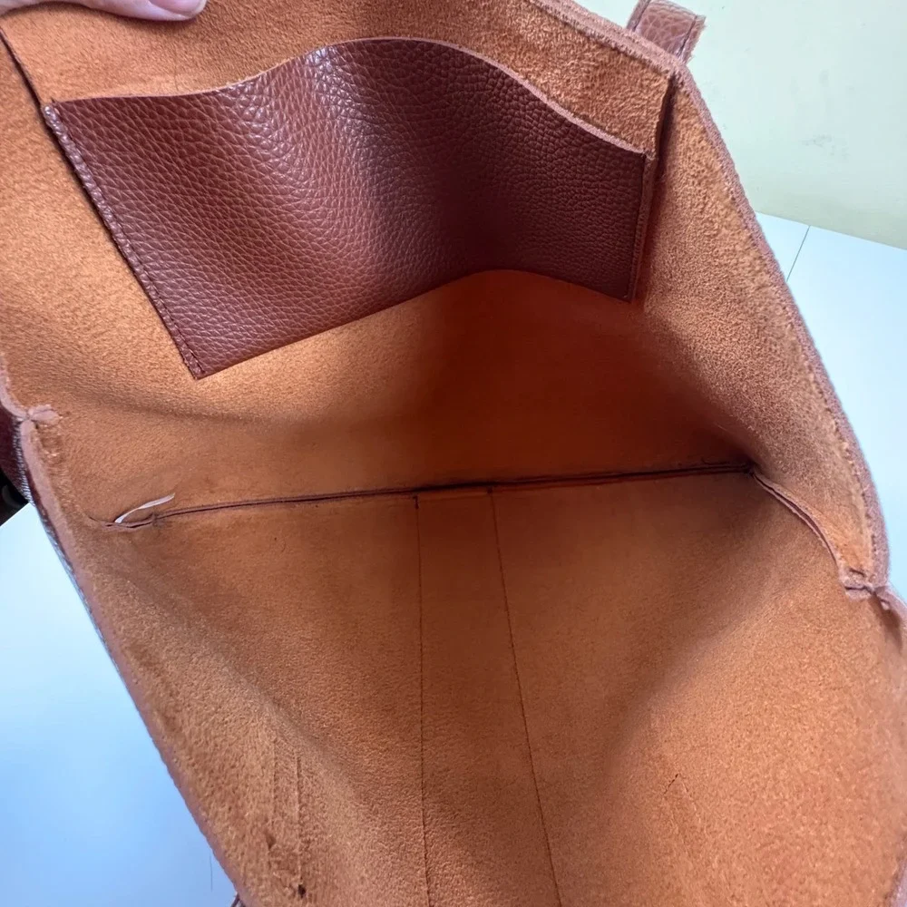 Vince Camuto Brown‎ Pebbled Leather Tote Bag Black Stripe Work Bag